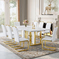 79" White Gold Dining Table Set for 8, Luxury Faux Marble Dining Table Set for 8 with White Gold Chairs, Kitchen Table Set with Gold Chrome Legs for Dining Room, Office