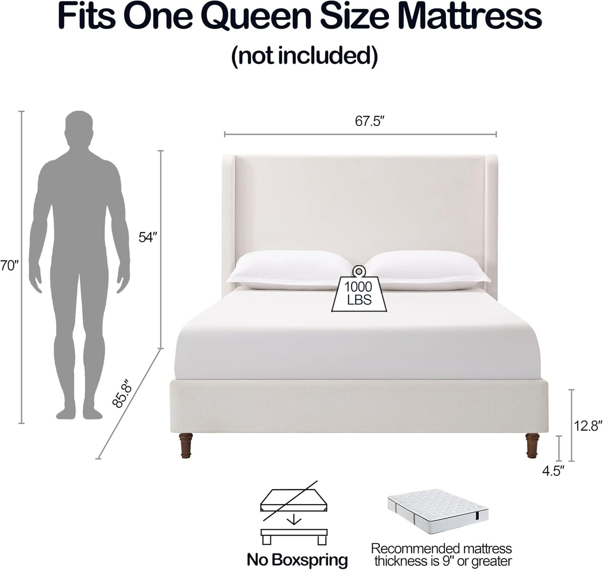 Queen Size Upholstered Bed Frame, 54" High Headboard Carmen Wingback Bed Frames, Tall Headboard Floor Platform Beds, No Box Spring Needed No Noise, Simplicity Minimalist, Cream White
