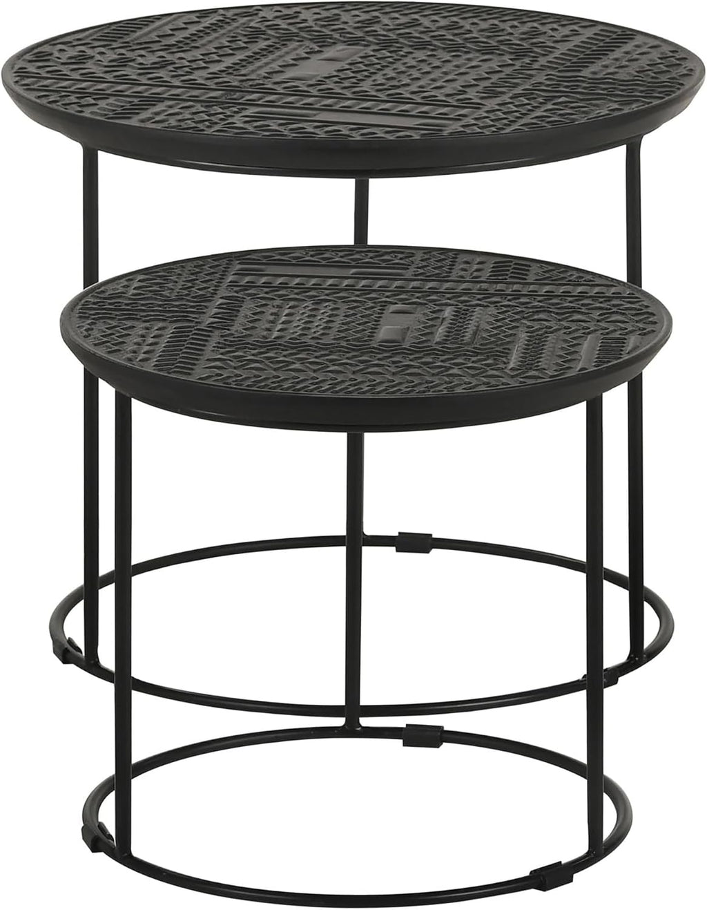 20" Sturdy Metal Frame Nesting Coffee Table, Boo Coffee Table with Embossed Tribal Pattern, Nesting Side Tables with Mango Wood top for Modern Indoor Spaces, Black