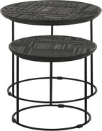 20" Sturdy Metal Frame Nesting Coffee Table, Boo Coffee Table with Embossed Tribal Pattern, Nesting Side Tables with Mango Wood top for Modern Indoor Spaces, Black