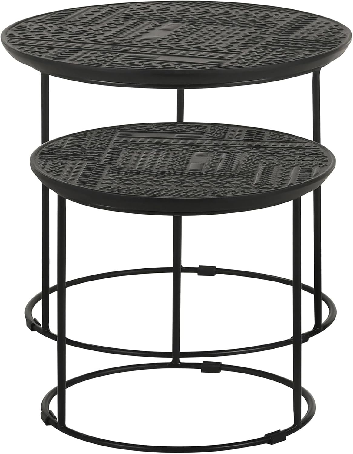 20" Sturdy Metal Frame Nesting Coffee Table, Boo Coffee Table with Embossed Tribal Pattern, Nesting Side Tables with Mango Wood top for Modern Indoor Spaces, Black