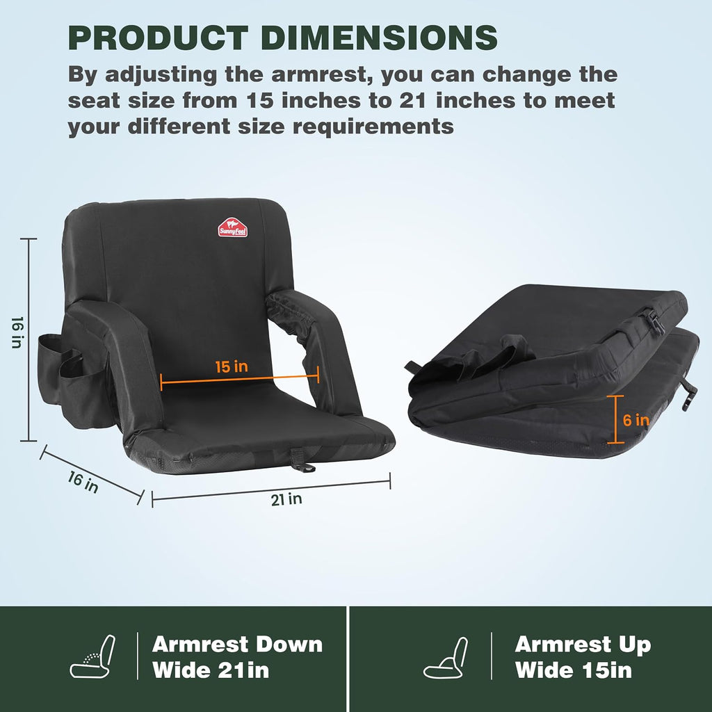 SUNNYFEEL Stadium Seat with Back Support, 4.7" Thick Cushion, 6 Reclining Positions Bleacher Chair with Shoulder Straps, Armrests & Storage Pockets, Non-Slip Strap, Portable for Sports Camping