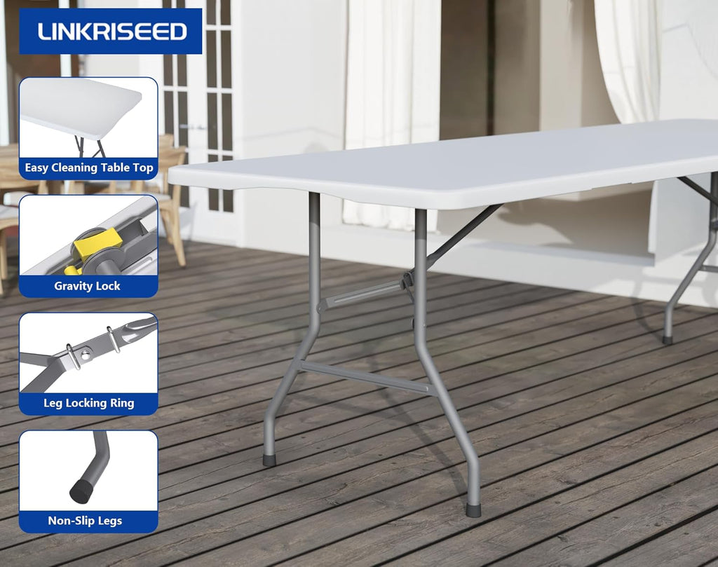 8FT Folding Tables – Heavy Duty Portable Foldable Picnic Table with Built-in Handle, 450 lb Capacity – Ideal for Events, Parties, Crafts, Camping & Dining (10-Pack, White)