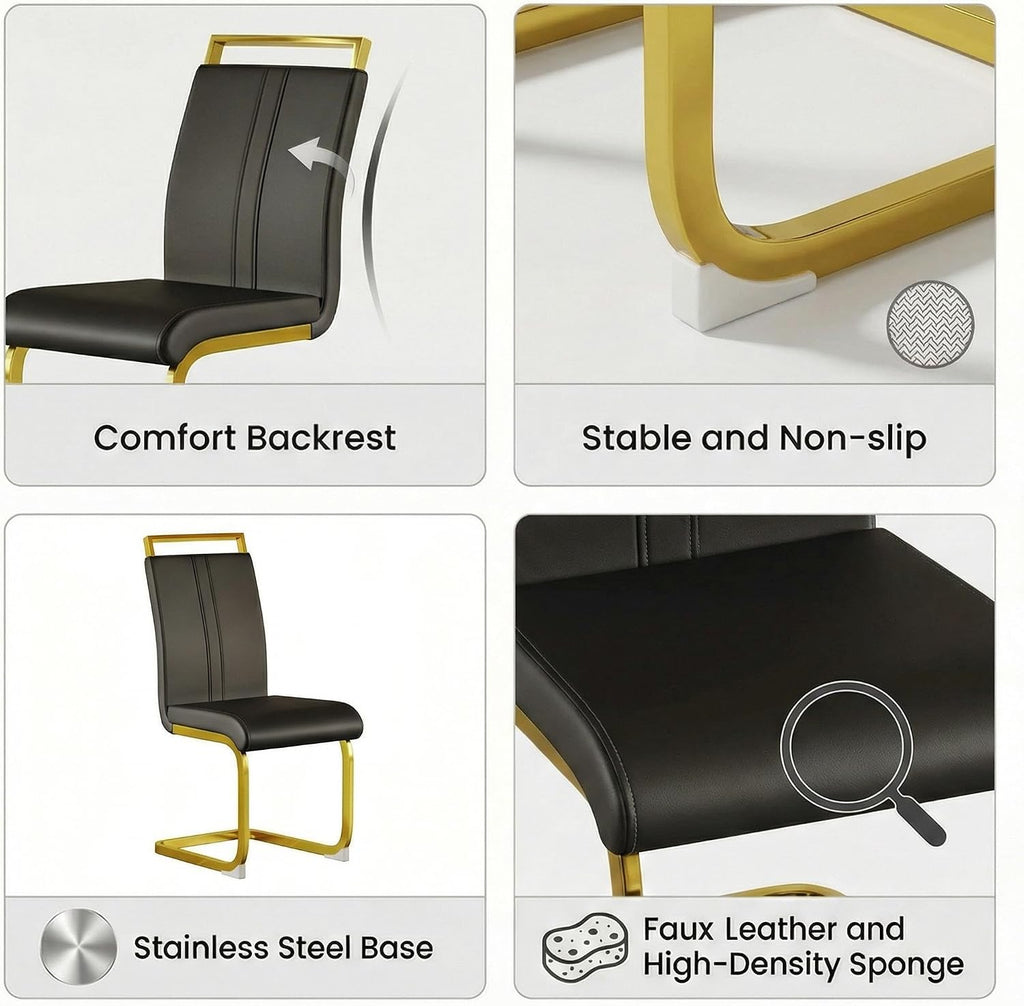 Set of 2 Modern Dining Chairs - Black PU Faux Leather Upholstered Armless Side Chairs with Cushioned Seat & Sturdy Metal Legs for Dining Room & Kitchen