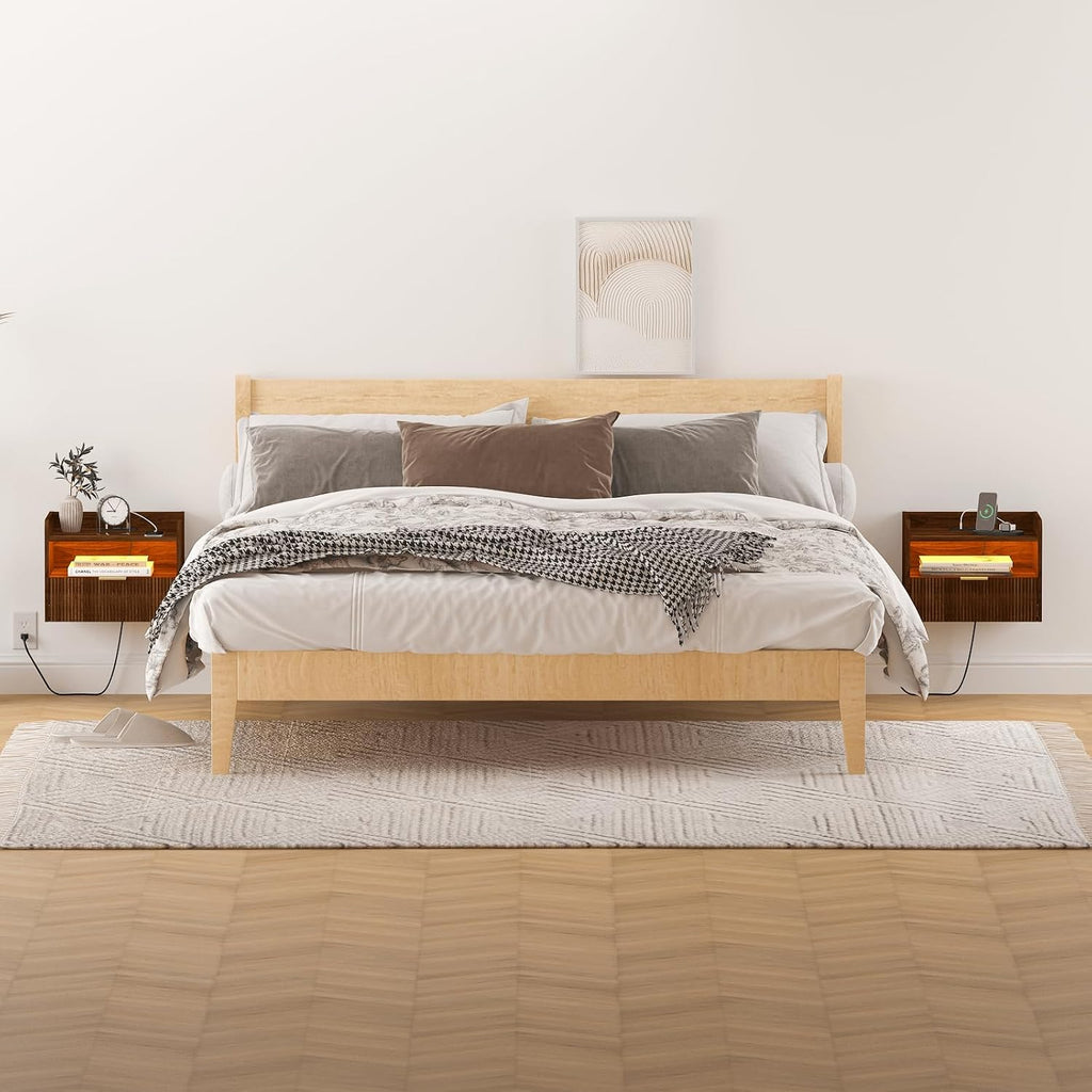 Veegle Floating Nightstand with Charging Station and LED Lights (Walnut Brown)