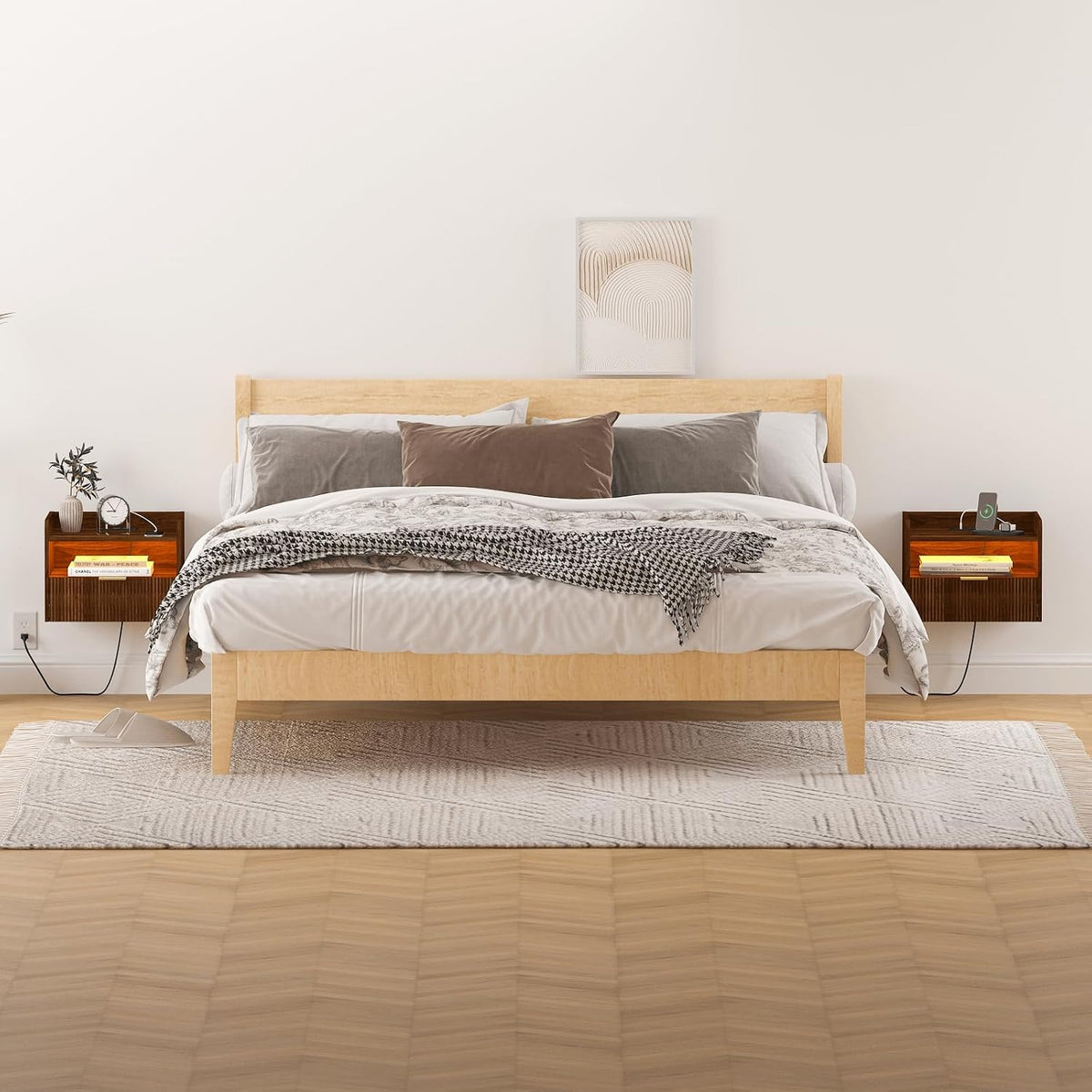 Veegle Floating Nightstand with Charging Station and LED Lights (Walnut Brown)