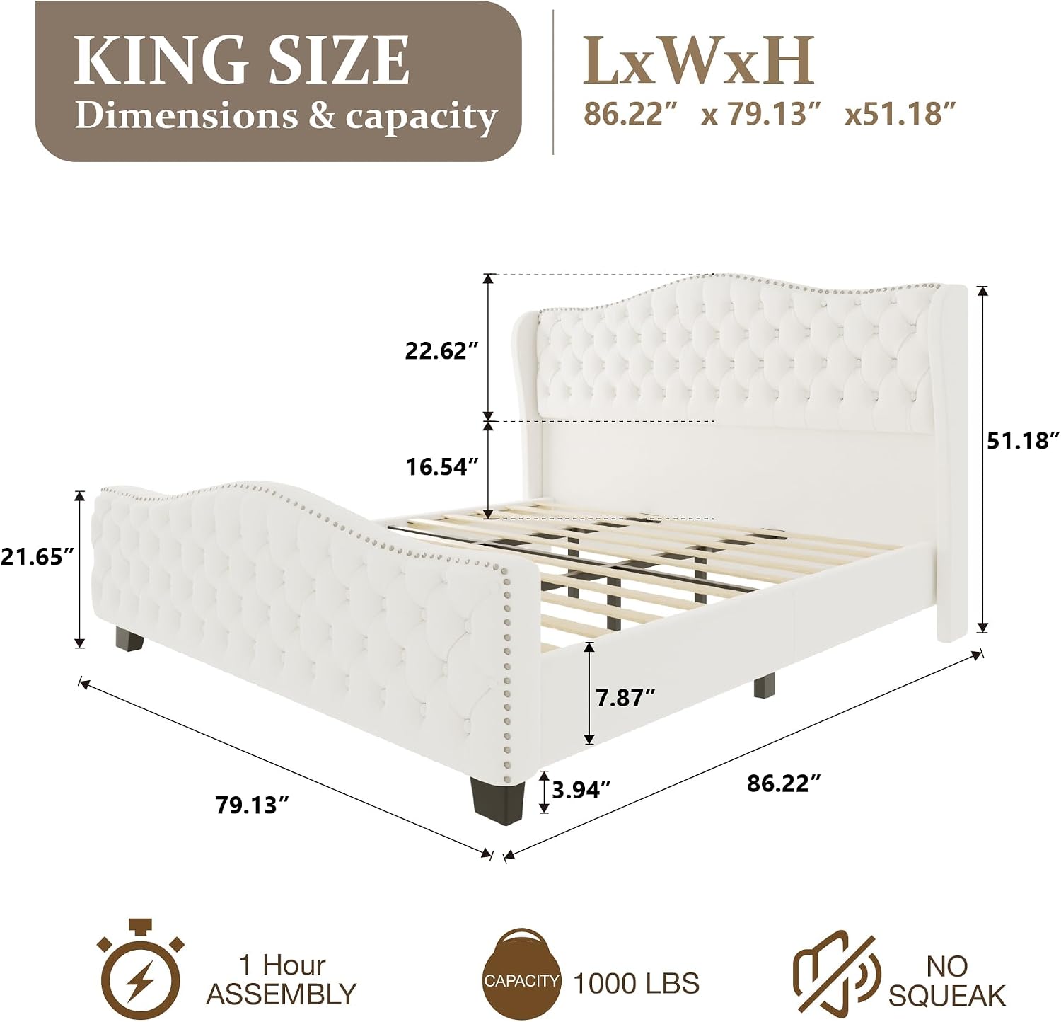 King Size Bed Frame with Tall 51.2" Wingback Headboard, Luxury Platform Bed with Velvet Upholstered Footboard, Deep Button Tufted, Nailhead Trim, No Box Spring Needed, Easy Assembly, Cream