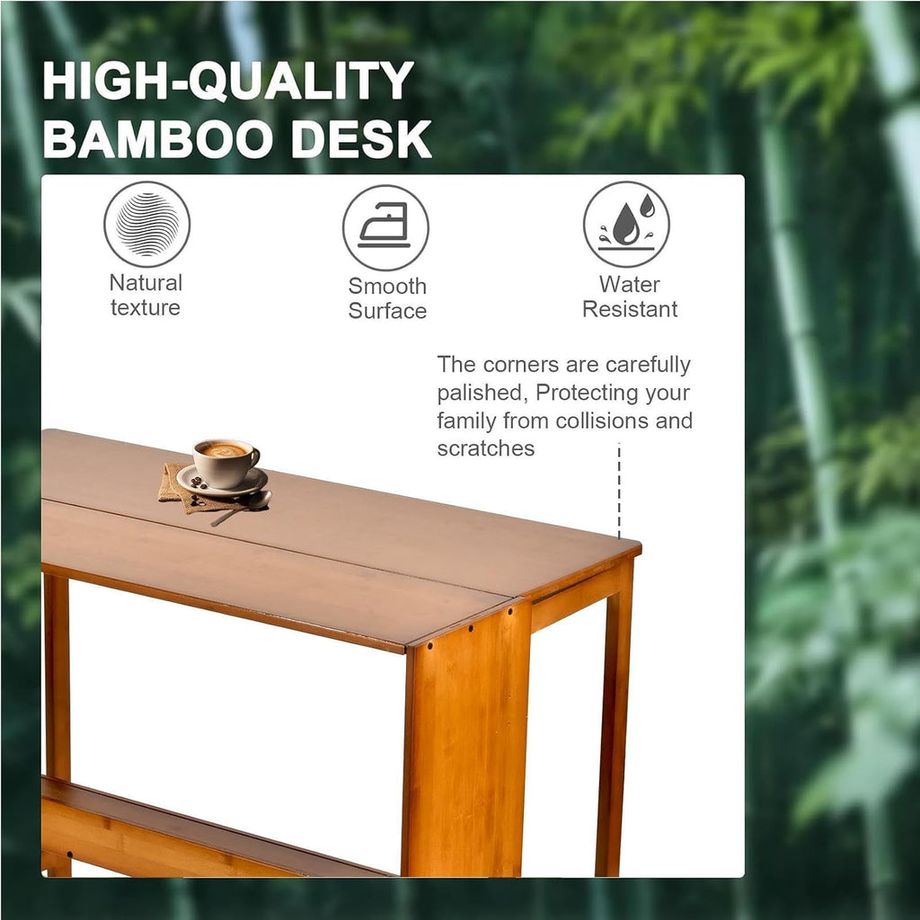 41'' Bamboo Folding Desk with Bookshelf, Space-Saving Foldable Computer Desk, Mid Century Modern Style Foldable Study Table for Home, Office, Bedroom, Small Spaces, Brown