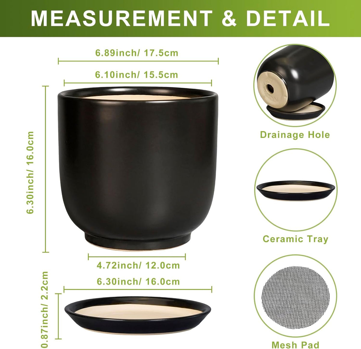 Ceramic Planter 7 Inch - Cylinder Round Modern Indoor Plant Pot for Plants with Drainage Hole and Saucer, Room Home Patio Office Patio Decor, Black