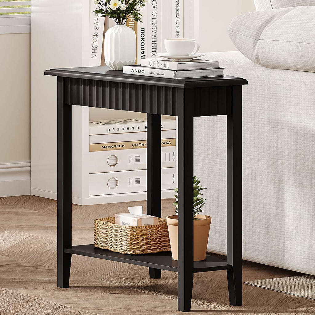 ChooChoo Wedge End Table, Narrow Triangle Side Table with 2-Tier Storage Shelf, Fluted Recliner Side Table for Corner, Living Room, Bedroom, Small Space, Black