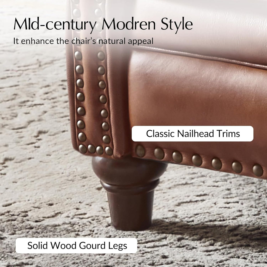 HULALA HOME Genuine Leather Manual Recliner Chairs Set of 2 with Adjustable Backrest & Footrest, Mid Century Modern Push Back Recliners with Nailhead Trim & Wood Legs, Brown