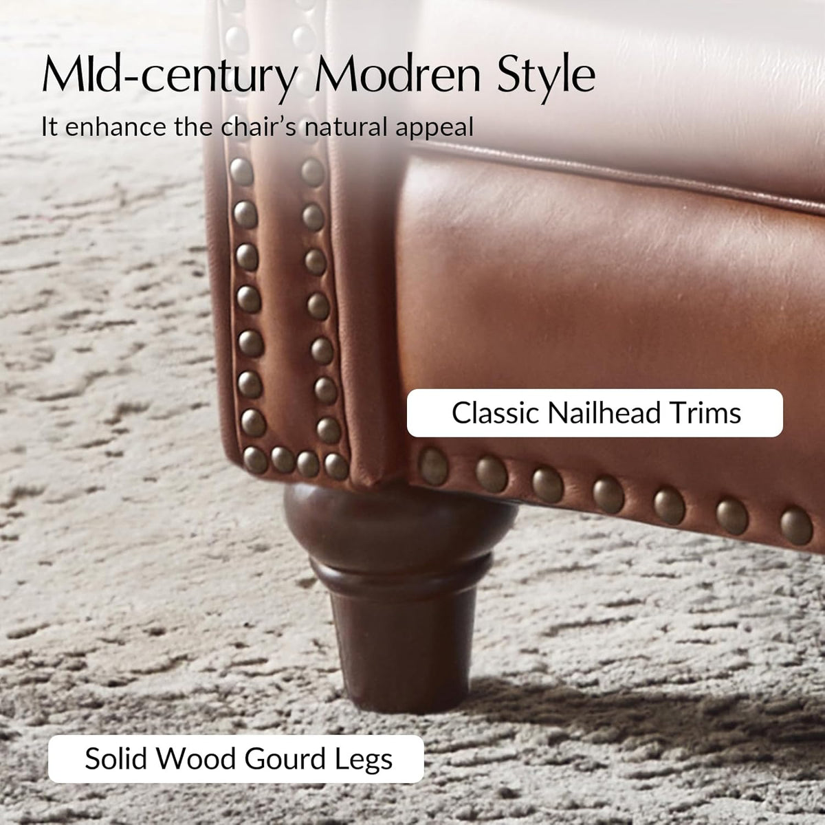 HULALA HOME Genuine Leather Manual Recliner Chairs Set of 2 with Adjustable Backrest & Footrest, Mid Century Modern Push Back Recliners with Nailhead Trim & Wood Legs, Brown