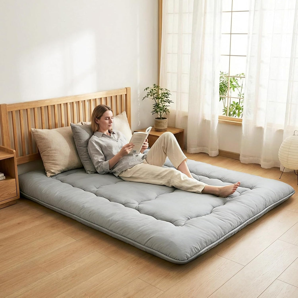 DUMOS Japanese Floor Mattress Twin Size, 4" Thick Futon Mattress, Gray | Tatami Mat Sleeping Pad, Removable Cover, Portable Roll Up Floor Lounger Bed, for Guest, Dormitory, Camping and Travel