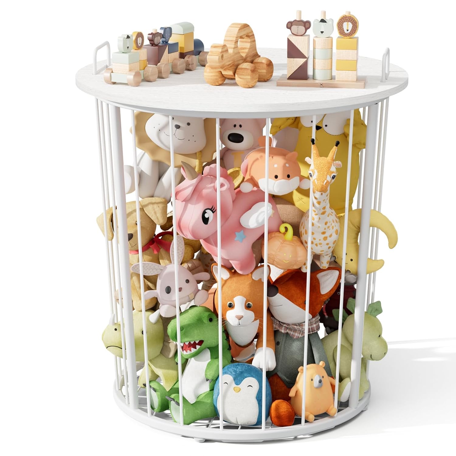 BBLIKE Large Stuffed Animal Storage End Table, Toy Storage for Kids Room | 100L Large Capacity, Metal Frame with Wood Lid, Elastic Rope, Side Handles, Wooden Stuffed Zoo Animal Holder, White