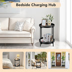 Foldable 2-Tier Round Side Table, Metal End Table with Storage for Indoor Outdoor Use, Small Coffee Table for Living Room, Bedroom, Patio, Black