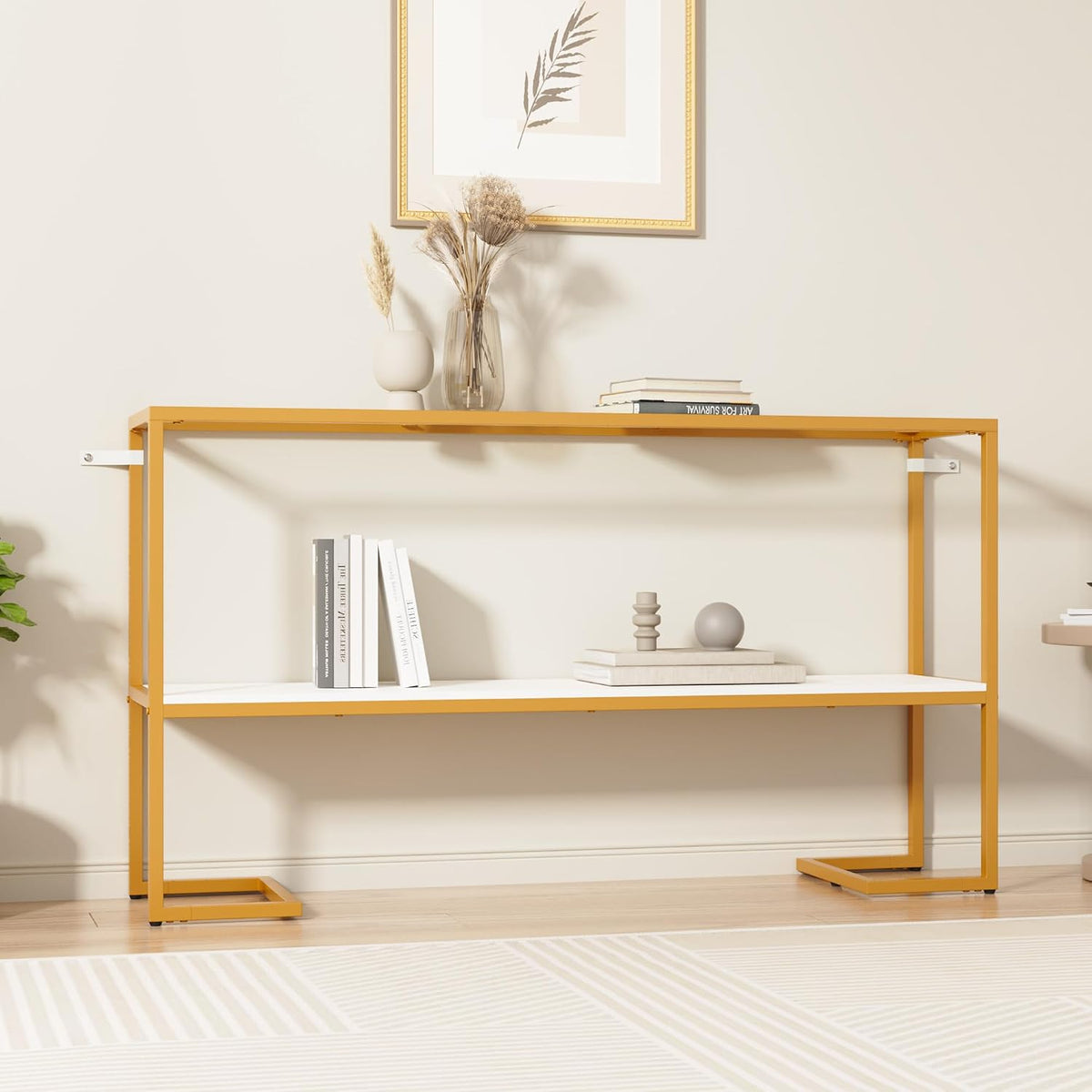 Furnify Console Sofa Table, 52" Modern Entryway Table, 2-Tier Open Shelf with Tempered Glass, Gold Metal Frame Behind Couch Table for Living Room Bedroom Hallway Entrance, White