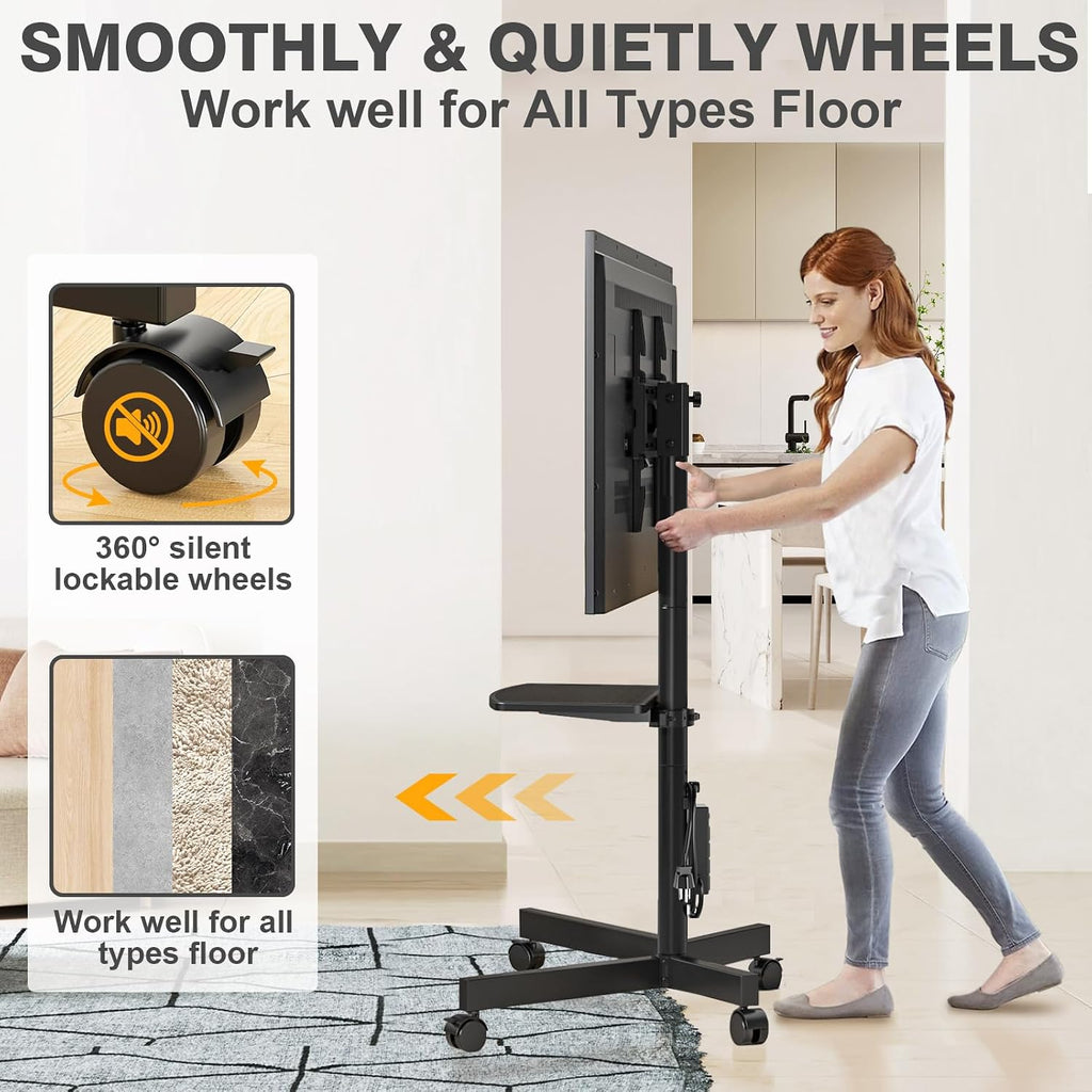 TVON Mobile TV Stand with Power Outlet for 23-65 Inch TVs up to 88 lbs | Tilt Rolling TV Cart with Height Adjustment & Locking Wheels, Portable TV Stand for Bedroom, Office, Max VESA 400x400mm