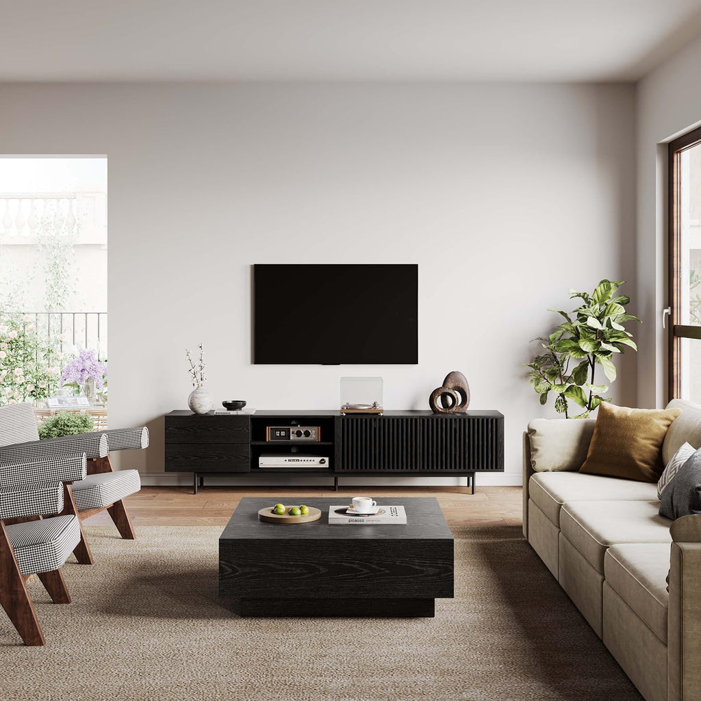 POVISON Mid Century Modern TV Stand, 94.49" Black Solid Wood Media Console for 75 inch TV, Full Assembled Entertainment Center with Storage for Living Room, Tall Cabinet with Metal Legs