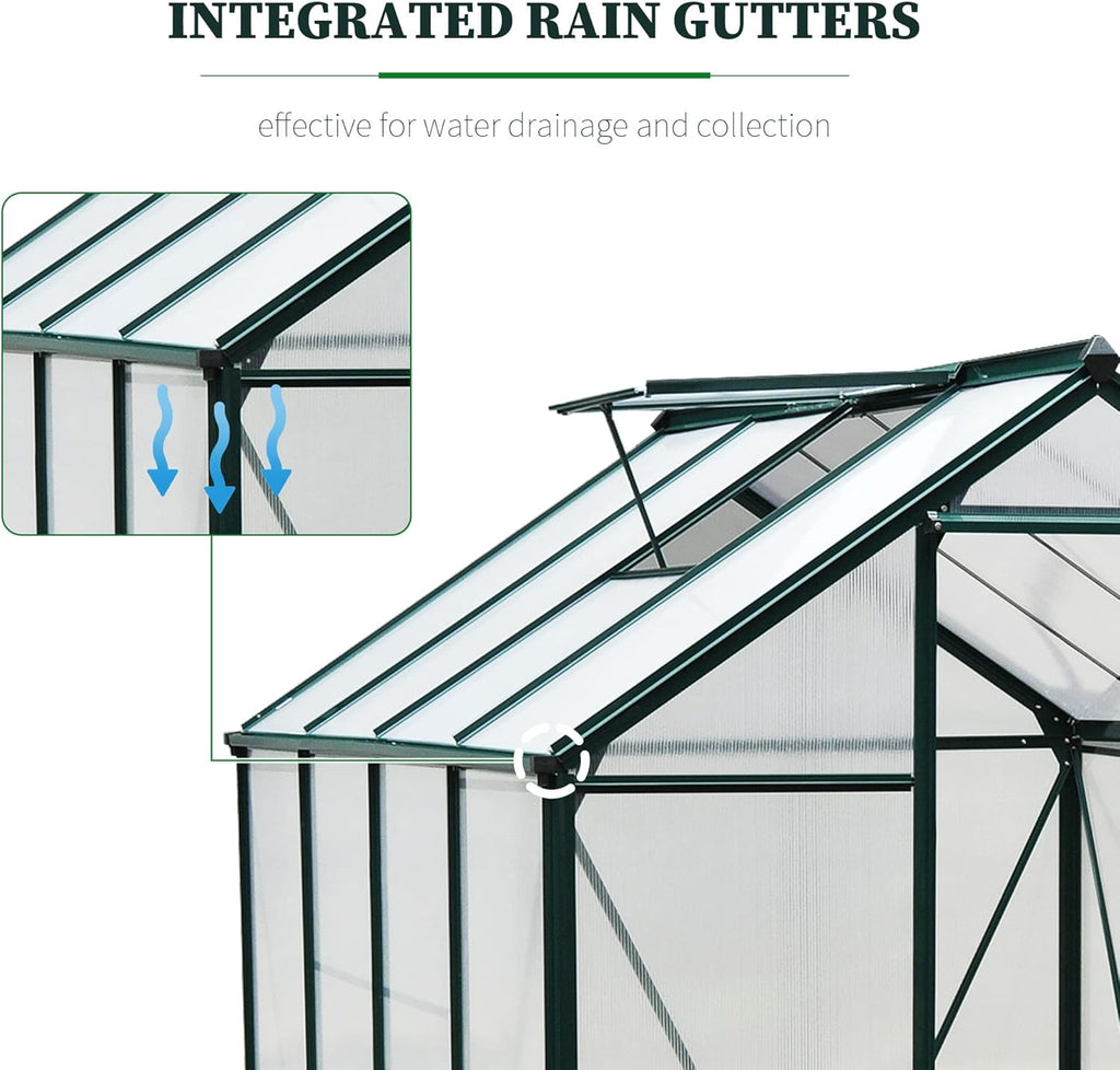 Outsunny 6' x 8' Greenhouse for Outdoors, Polycarbonate Greenhouse with Rain Gutter and Roof Vent, Aluminum Walk-in Green Houses for Outside for Patio Backyard Garden, Dark Green
