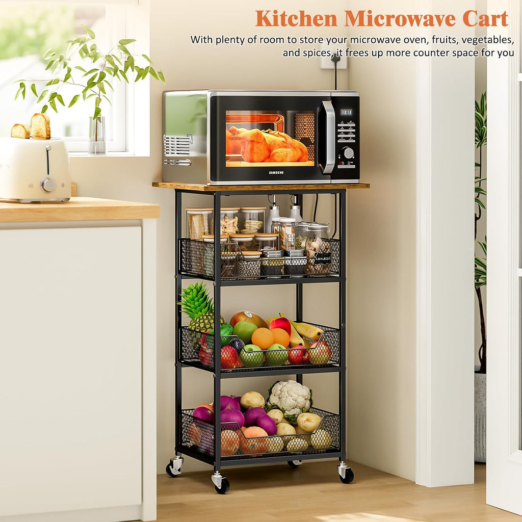 ThreeHio Rolling Kitchen Microwave Cart with Fruit Baskets, 4 Tier Microwave Table Stand with Storage, Kitchen Storge Shelf on Wheels Small Rolling Cart Organizer Rack for Pantry, Living Room