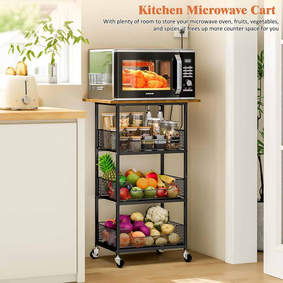 ThreeHio Rolling Kitchen Microwave Cart with Fruit Baskets, 4 Tier Microwave Table Stand with Storage, Kitchen Storge Shelf on Wheels Small Rolling Cart Organizer Rack for Pantry, Living Room