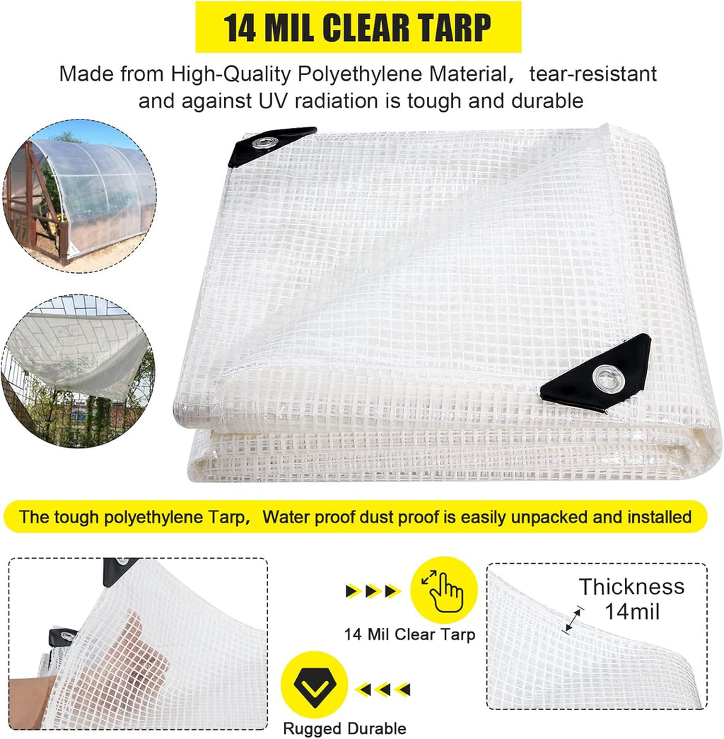 Clear Greenhouse Heavy Duty tarp 14 Mil Clear Waterproof Cover,UV Resistant Poly Tarp with Grommets 12 x20ft Superior Strength,for Gardening, Farming, Nursery, Garden
