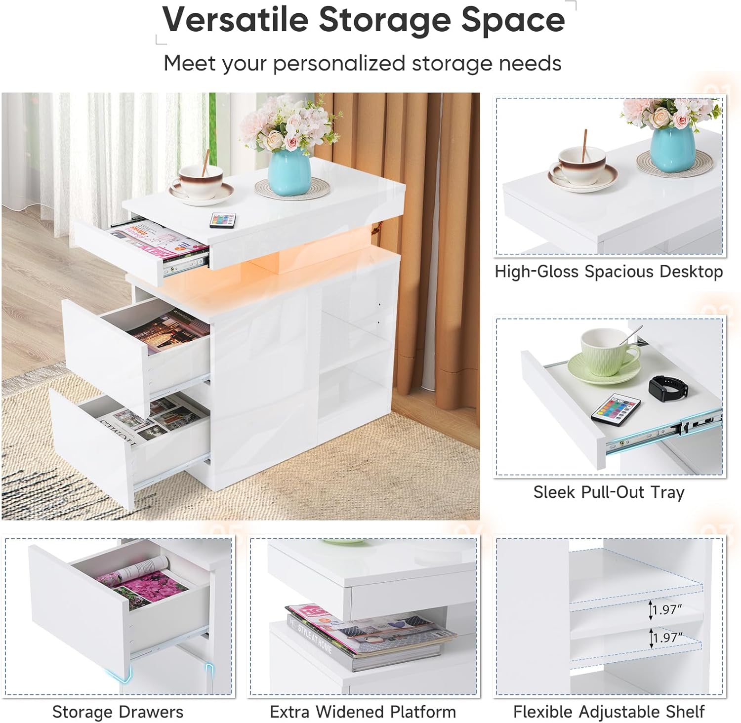 Verano Garden LED High Gloss End Table with Charging Station, Sofa Side Table with Drawer and Adjustable Shelf, Wood Bedside Table Nightstand with LED Light, Modern Side Table for Living Room, Bedroom