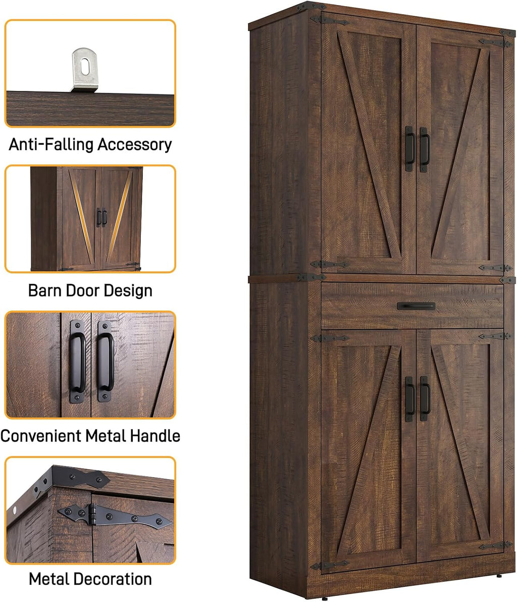 Hlivelood 72" Tall Farmhouse Kitchen Pantry Cabinet with Drawer, Rustic Wood Cupboard Storage Cabinet w/Organizer and 4 Barn Doors, Storage Cabinet for Kitchen, Dining Room, Living Room, Brown