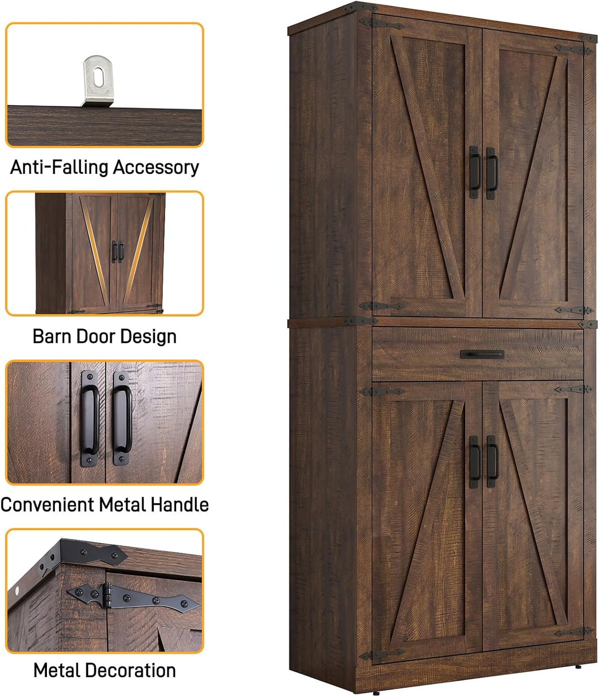 Hlivelood 72" Tall Farmhouse Kitchen Pantry Cabinet with Drawer, Rustic Wood Cupboard Storage Cabinet w/Organizer and 4 Barn Doors, Storage Cabinet for Kitchen, Dining Room, Living Room, Brown