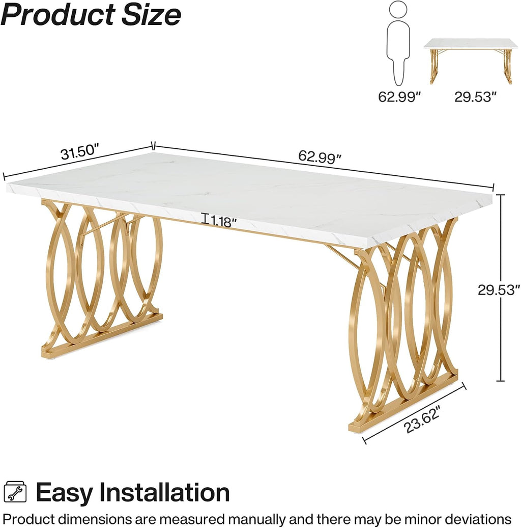 Tribesigns 63" Dining Table for 4 to 6, White and Gold Kitchen Table | Modern Large Rectangular Dinner Table Kitchen & Dining Room Furniture with Faux Marble Tabletop and Geometric Legs