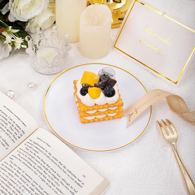 Festiva 200Pcs Gold Dessert Plates 6.3" with Forks 5"- Small Disposable Dessert/Cake/Appetizer Plates Plates- serve 100 guests include 100Plates 100Forks for Wedding Party&Thanksgiving&Christmas