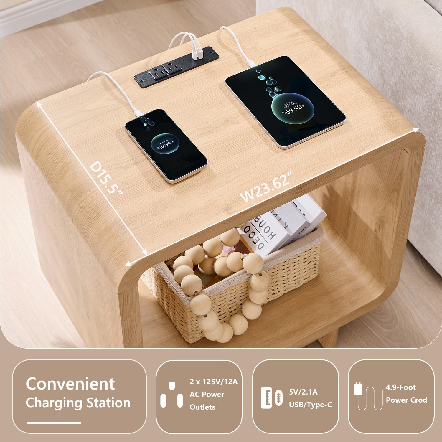 IFGET 23.6" Modern End Table, 2 Tier Side Table with Charging Station, Simple Bedside Table with Open Storage Shelf, Outlet, Wooden Nightstand for Bedroom, Living Room, Easy Assembly, Natural Oak