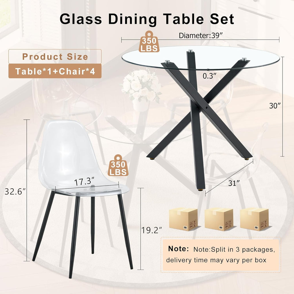 Round Dining Table Set for 4, 39" Glass Dining Table Set with Black Adjustable X-Shaped Metal Leg&4 Clear Acrylic Chairs with Chrome Legs, Small Space-Saving Table Set Ideal for Kitchen, Dining Room