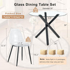 Round Dining Table Set for 4, 39" Glass Dining Table Set with Black Adjustable X-Shaped Metal Leg&4 Clear Acrylic Chairs with Chrome Legs, Small Space-Saving Table Set Ideal for Kitchen, Dining Room