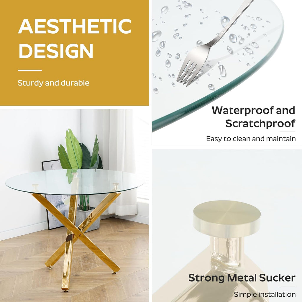 yeag 39'' Modern Round Dining Table Set for 4, Tempered Glass Top & Square Tube Crossed Metal Legs, with 4 Velvet Upholstered Tufted Chairs (Gold & Black)