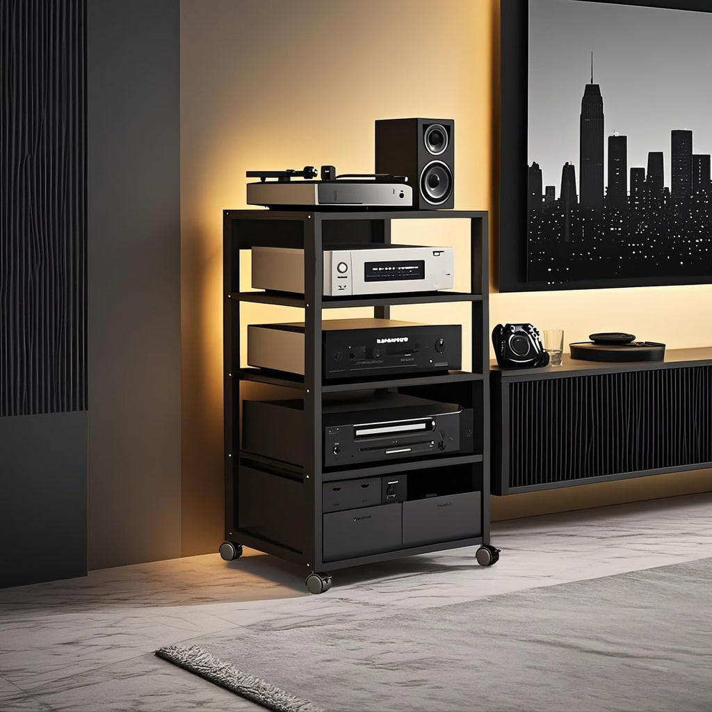 5 Tier AV Media Stand, Audio Rack Tower Stereo Components Cabinet | Home Theatre CD Record Player Stereo Receiver Equipment Rack with Adjustable Wood Shelves, Load 220lbs (Black)