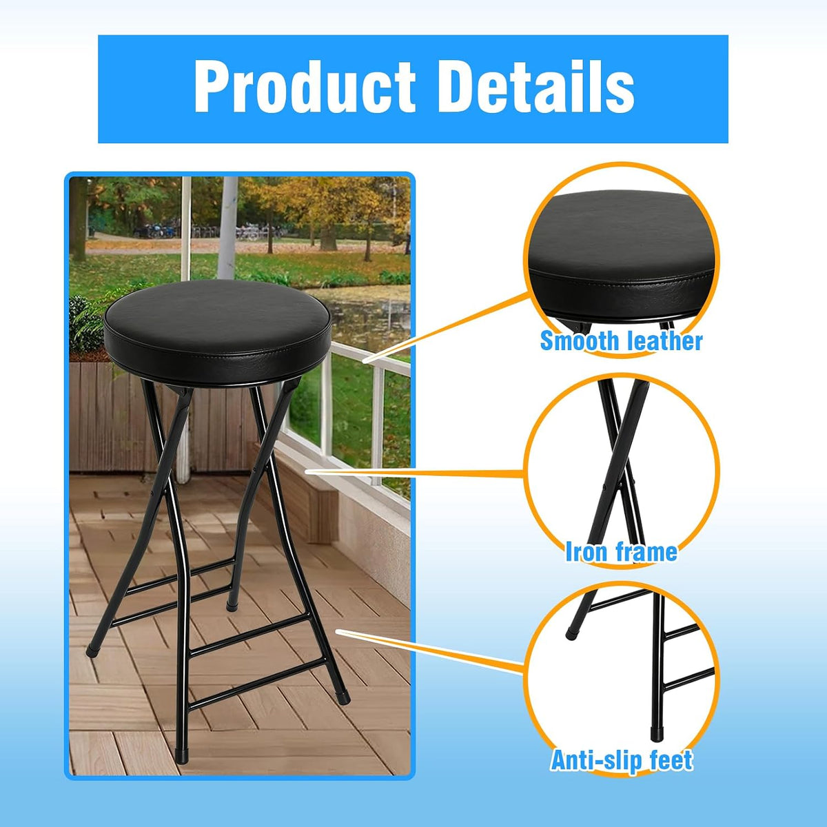 Folding Bar Stool,24 Inch Tall Foldable Stool Chair,Counter Height Cushioned Leather Padded Portable Stools,Heavy Duty Collapsible Stools for Kitchen Island Garden Camping Brown