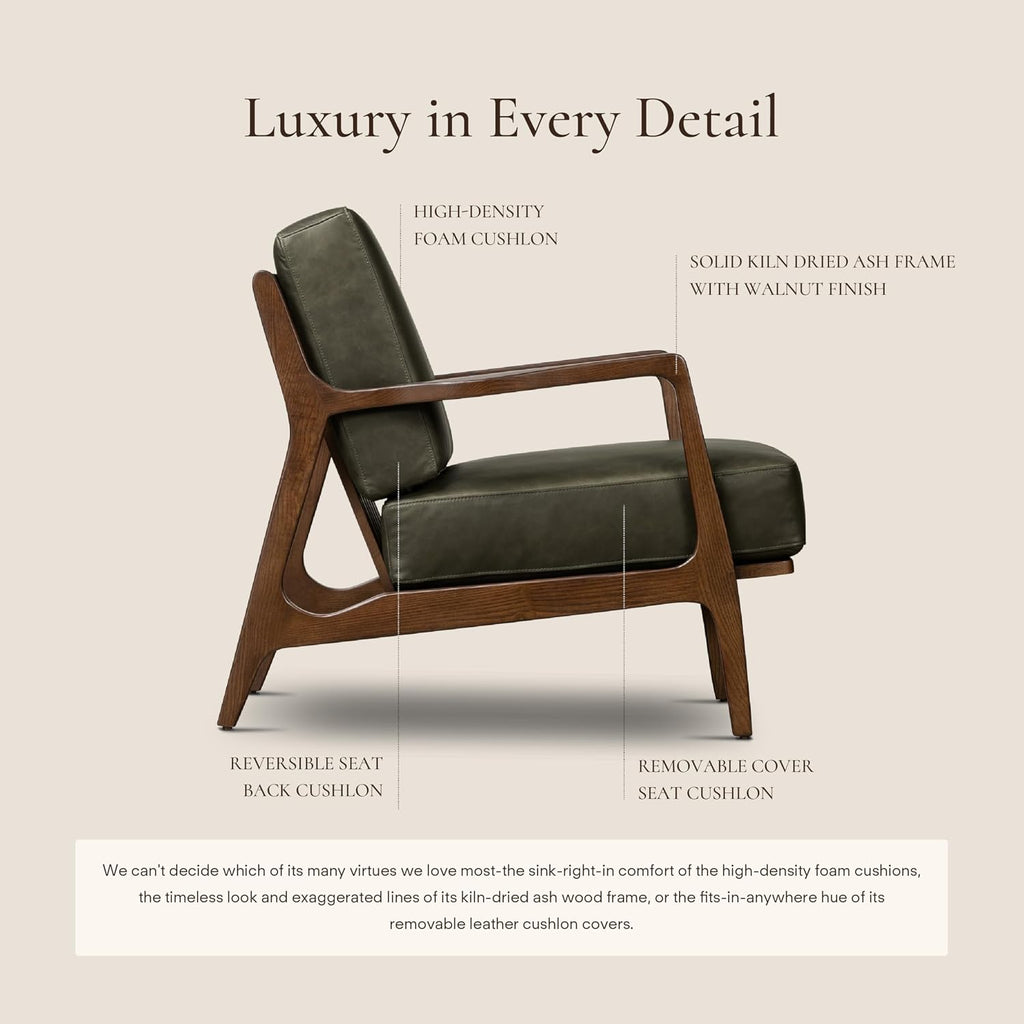 Poly & Bark Verity Leather Accent Chair – Armchair with Walnut Wood Frame – Fashion-Forward Lounge Seating for Living Room – Upholstered in Olivine Green Leather for Modern Style
