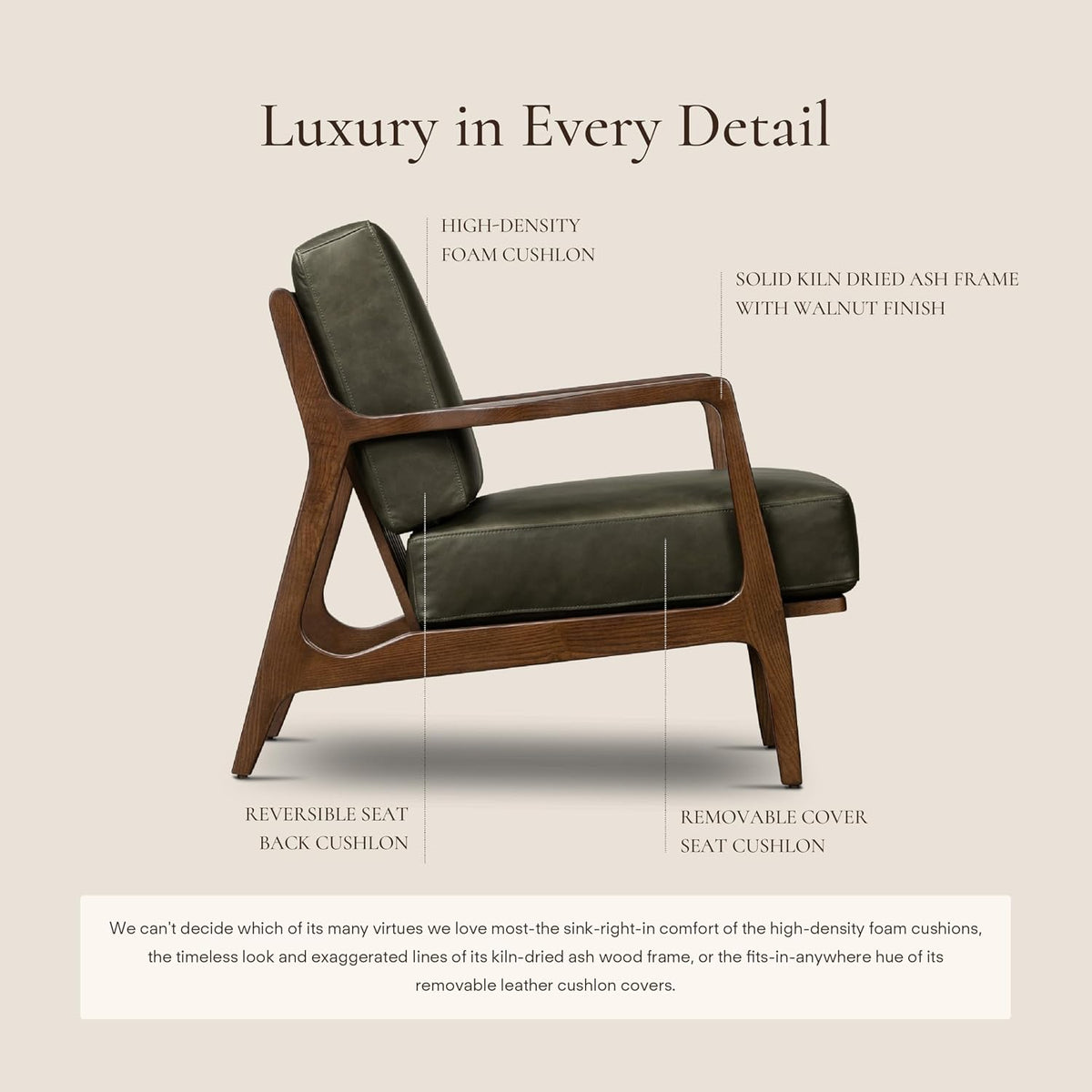 Poly & Bark Verity Leather Accent Chair – Armchair with Walnut Wood Frame – Fashion-Forward Lounge Seating for Living Room – Upholstered in Olivine Green Leather for Modern Style