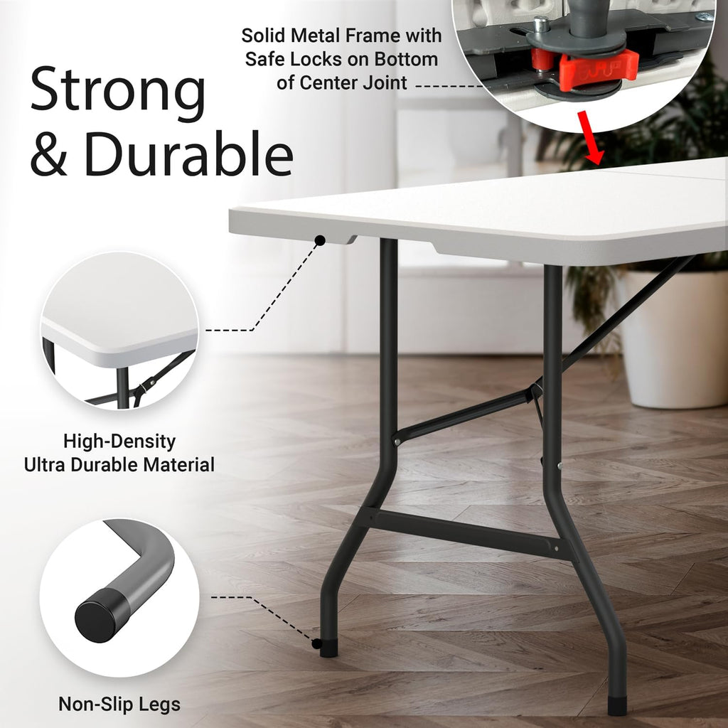 2 PACK of 6 Feet Foldable Table with Built in Handle & Steel Legs | 6FT Heavy Duty Folding Portable | Perfect for Party, Dining, Wedding, Events, Picnic Indoor, Outdoor, Camping, Folding - 6 Foot