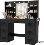 Furmax Vanity Desk with LED Mirror,Power Outlet,7 Drawers Makeup Table | LED Lighted Mirror & Built-in Outlet,7 Drawers and 6 Shelves,Organized Makeup Storage for Bedroom,Black