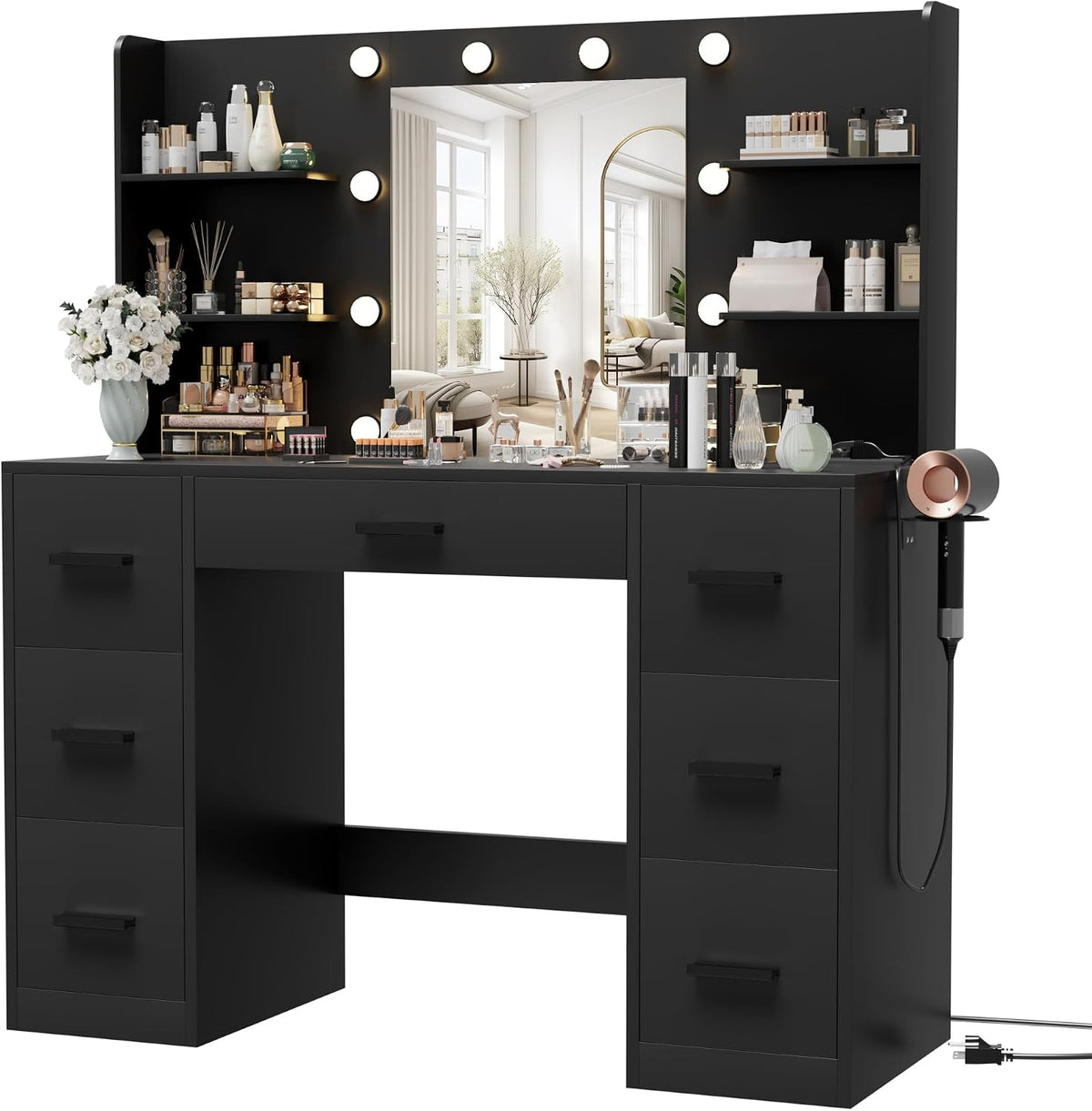 Furmax Vanity Desk with LED Mirror,Power Outlet,7 Drawers Makeup Table | LED Lighted Mirror & Built-in Outlet,7 Drawers and 6 Shelves,Organized Makeup Storage for Bedroom,Black