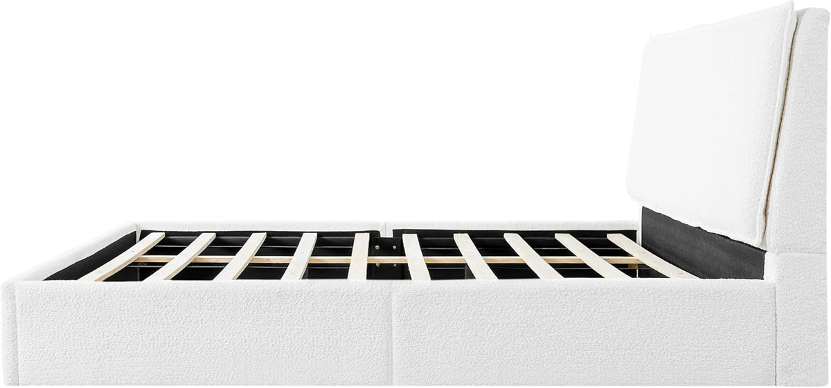 Christopher Knight Home Jamaiya Boucle Upholstered Queen Size Bed Frame with Headboard, Modern Queen Bed Frame and Headboard, Wooden Slats Support, Easy Assembly, No Box Spring Needed, White