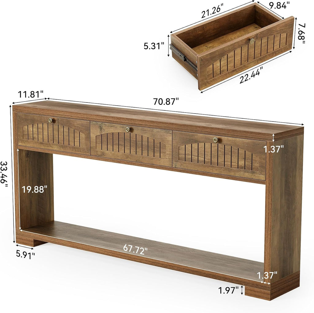 LITTLE TREE 70.8-Inch Console Entryway Table with 3 Drawers & 2-Tier Open Shelf, Farmhouse Narrow Long Sofa Table for Living Room, Entryway, Foyer, Hallway, Behind Couch, Entrance, Rustic Brown