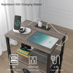sthmec Nightstands Set of 2, Night Stands with Charging Station and Fabric Drawer, Grey Bedside Tables with Drawers, 2- Tier Side Table with Storage, Nightstands with Charging Station,Grey