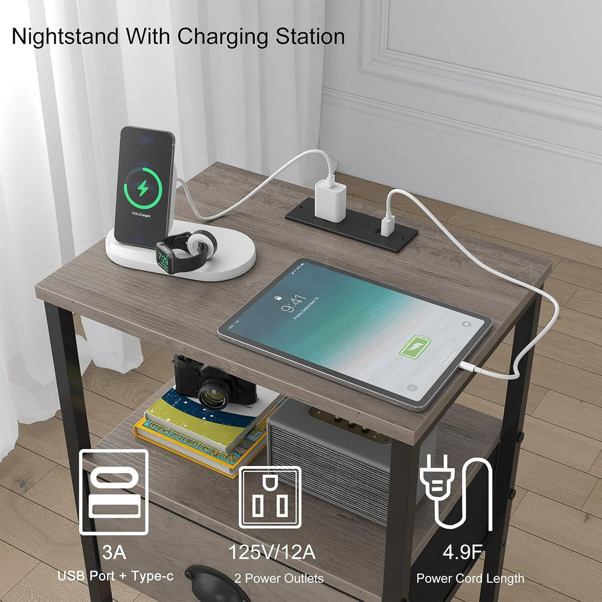 sthmec Nightstands Set of 2, Night Stands with Charging Station and Fabric Drawer, Grey Bedside Tables with Drawers, 2- Tier Side Table with Storage, Nightstands with Charging Station,Grey