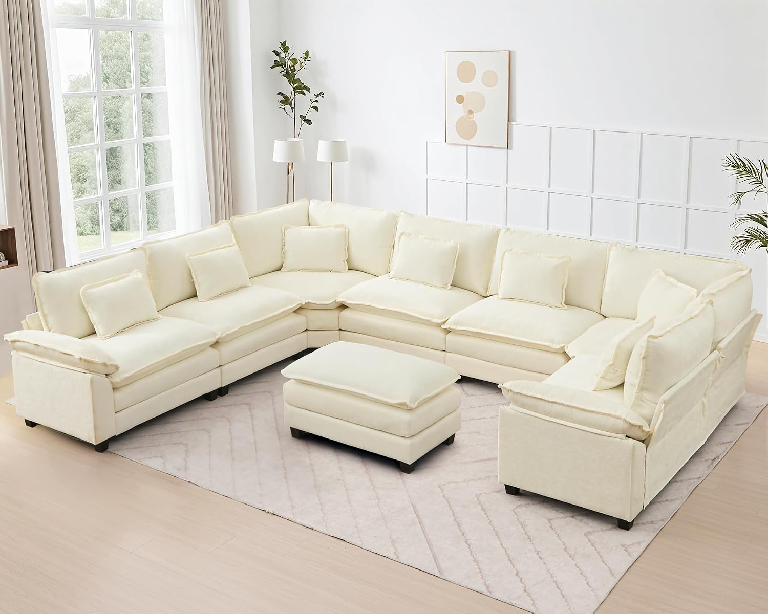 145" Oversized Modular Sectional Sofa U-Shaped Corner Cloud Couch with Ottoman, Convertible Deep Seat Chenille Couch for Living Room, Spacious Space (Cream White, 7 Seater)