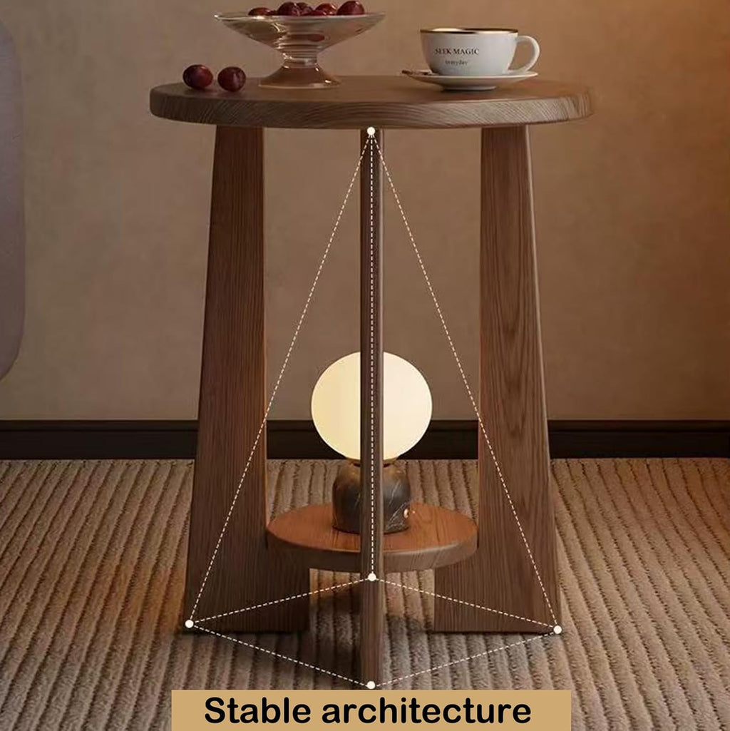 YUNMUAIR-Round Wood End Table with 2-Tier Storage,15.75" Dia Small Accent Sofa Table,Solid Wood Nightstand,Modern Side Tables for Living Room Bedroom Small Space,Walnut Brown