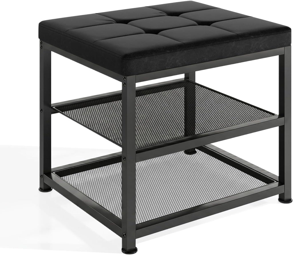 Small Shoe Storage Bench with PU Leather Seat Cushion, 3-Tier Freestanding Shoe Rack Organizer for Entryway, Heavy-Duty Metal Mesh Shelves, Supports Up to 300 lbs, Black (15.7"x11.4"x17.5")
