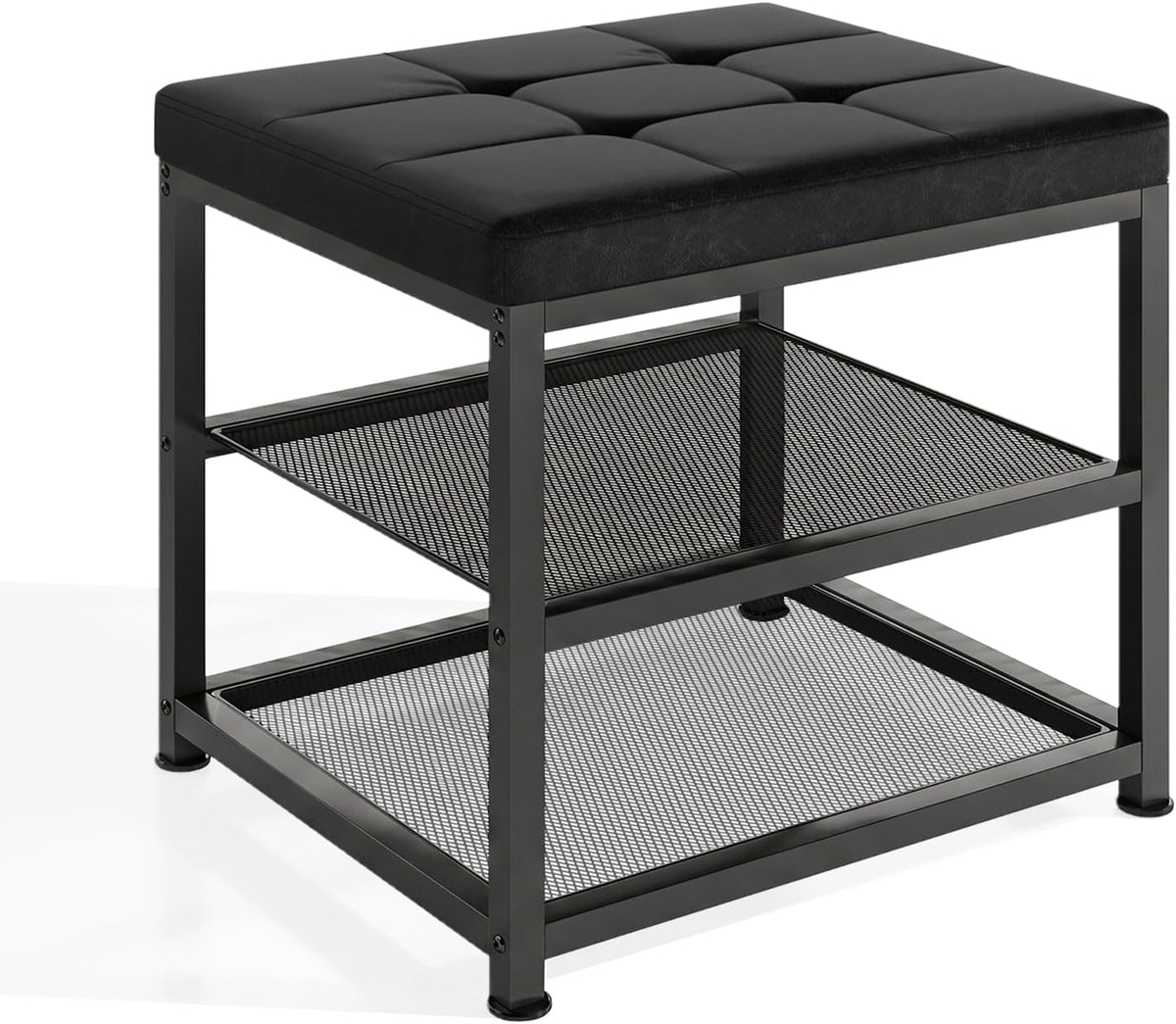 Small Shoe Storage Bench with PU Leather Seat Cushion, 3-Tier Freestanding Shoe Rack Organizer for Entryway, Heavy-Duty Metal Mesh Shelves, Supports Up to 300 lbs, Black (15.7"x11.4"x17.5")